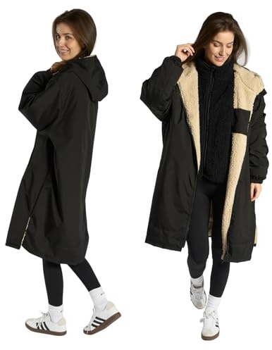 OHS Rain Coats for Women Men, Oversized Waterproof Jacket Fleece Lining Changing Robe with Hood & Pockets Lightweight Ladies Raincoat Drying Robe for Outdoor Travel, Black/Beige - L/XL
