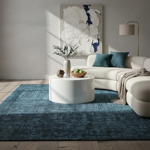 KADIMA DESIGN Teppich Modern Einfarbig Edel Pflegeleicht Vielseitig Waschbar Blau 200x290 cm Schlafzimmer Esszimmer rutschfest Schadstoffgeprüft Gekettelt Flur Diele Wohnzimmer Oeko-TEX | TITLIS