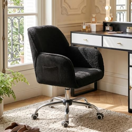 KRAMZMING Bürostuhl Ergonomisch Sherpa, Homeoffice, Schlafzimmer, Schwarz | Schreibtischstuhl, bis 150 kg, Höhenverstellbar, Seitentasche, Cordstoff, für Arbeitszimmer und Schminktisch