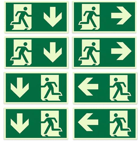 8 Pezzi Cartello Uscita di Emergenza Autoadesivo 300x150mm, Verde | Cartello Uscita di Sicurezza Fotoluminescente, Frecce “Sinistra”, “Destra” e “Giù”, per Scuole, Hotel, Ospedale, PVC