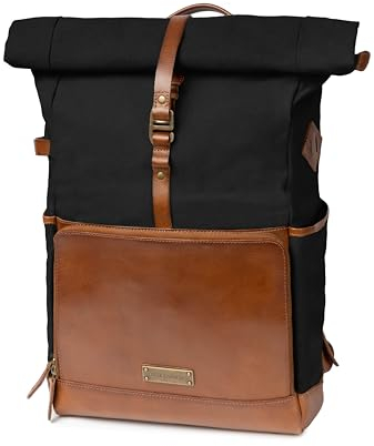 DRAKENSBERG Rolltop Arthur Sac à dos en toile et cuir avec compartiment pour ordinateur portable - Compartiment pratique pour techniques et gadgets - 20-30 l, Noir , L