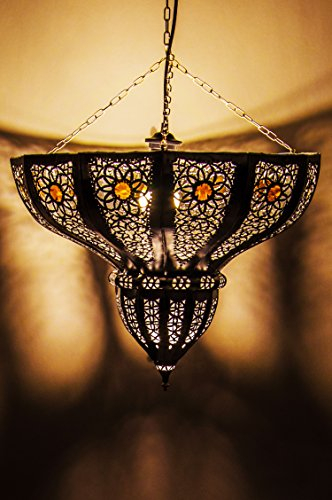 Orientalische Lampe Pendelleuchte Silber Cal 45cm E27 Lampenfassung | Marokkanische Design Hängeleuchte Leuchte aus Marokko | Orient Lampen für Wohnzimmer, Küche oder Hängend über den Esstisch