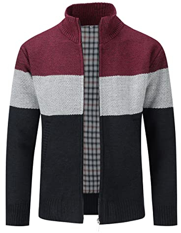 Sliktaa Mens Knitted Cardigan Sweater Chunky Knit Jacket with Full Zip Front Closure Funnel Neck Long Sleeve Knitwear Jumper, Red+navy, L
