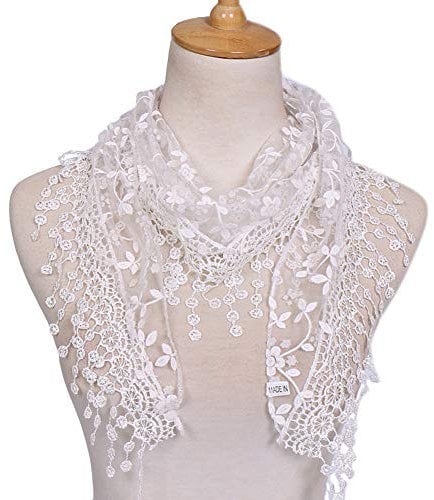 JIHUOO Damen Spitze Quasten Schal Halstuch Deckenschal Dreieckstuch Sommerschal Weiß
