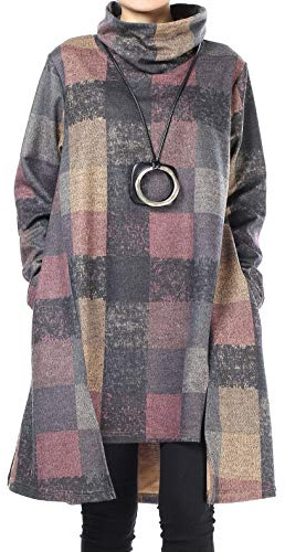 FTCayanz Women's Turtleneck Tunic Dresses Checkered Long Sleeve Cotton Jumper Tops Purple Large