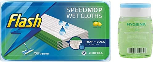 Flash Speedmop Wet Cloth Refills, Lemon Multi-Surface, 40 Cloths, Fast Easy and Hygienic + Hand Gel with Aloe Vera 50ml