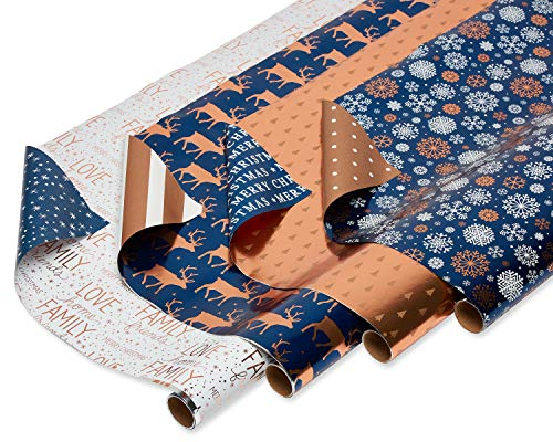 American Greetings 80 m². Wendbares blaues Geschenkpapier-Set für Weihnachten, Schneeflocke, Rentier, Urlaubstest (4 Rollen 76,2 cm x 2,4 m)