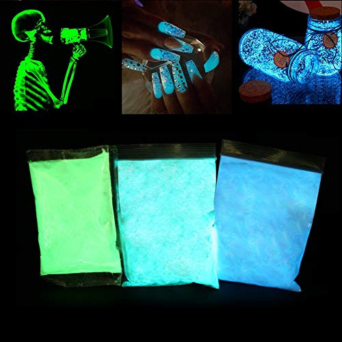 Polvo fluorescente, 3 x 100 g, pigmentos luminiscentes profesionales, color fosforescente, fotoluminiscencia de aluminio no tóxico, estroncio aluminio, luces de neón, noche de pigmento oscura (03)