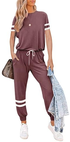 Litthing Damen Trainingsanzug Jogginganzug 2 Stücke Set Kurzarm Top/Hose Freizeitkleidung Sportswear für Running Yoga Gym (Rotwein, L)