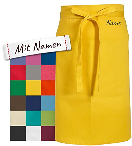 LALALO Vorbinder Schürze mit Name, hochwertig bestickt, Personalisierte Bistroschürze/Kochschürze für Damen und Herren, Malschürze/Schürze zum basteln, kochen, garten oder werken (Gelb, 60x80 cm)