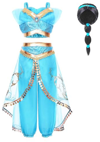Yigoo Prinzessin Kostüm Mädchen Jasmin Kostüm Kinder Frauen Aladdin Kleid Weihnachten Verkleidung Karneval Party Halloween Fest mit Perücke 130