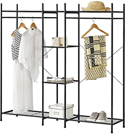 [en.casa] Garderobenständer 150x150x40cm Kleiderständer mit 2 Garderobenstangen 4 Ablagen Garderobenregal Schwarz