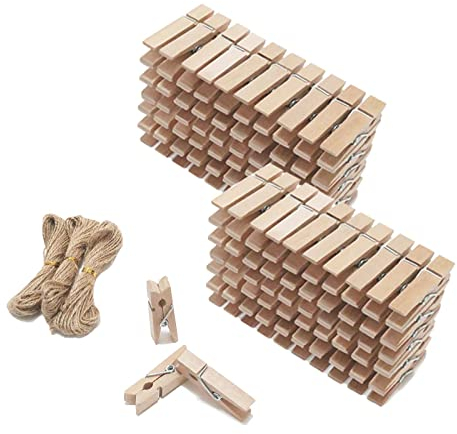 CUWELT 250pcs Mini Wooden Pegs, 3.5CM Mini Wooden Clips Natural, Wood Clothespins with 30m Jute Twine String for Decorative Photo Paper Wall DIY, Small Clothes Pegs for Arts & Crafts Wedding Party