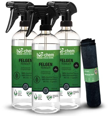 bio-chem Felgenreiniger 3X 750ml mit Tuch | Für Stahl- & Alufelgen sowie Chrom poliert und matt | säurefrei & hochwirksam
