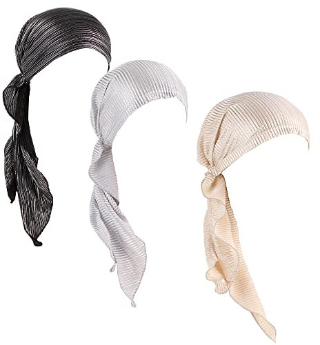 JDYaoYing 3 Stück glitzernde Pailletten, vorgebundene Kopftücher, Chemo-Abdeckungen, Mützen, Schlupfmützen für Frauen, Schwarz, Silber, Beige