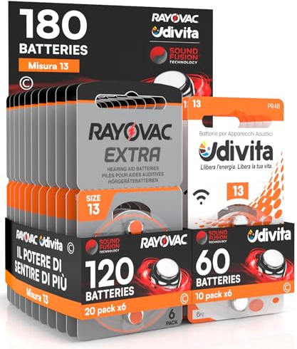 180 Piles pour appareils acoustiques Rayovac Extra Advanced 13. 180 Piles : 120 Rayovac + 60 Udivita