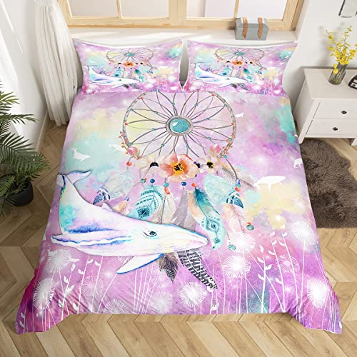 Loussiesd Mädchen Traumfänger Bettwäsche Wal Meereslebewesen Bettwäsche-Set 135x200 Kinder Teenager Verträumt Löwenzahn Blume Bettbezug Bunt Tie Dye Feder Bettwäsche Aquarell Traumfänger Dekor