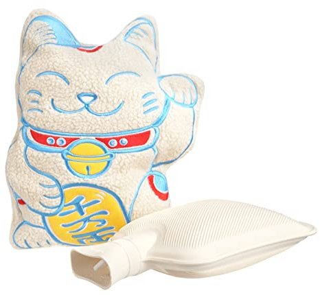 Kuschelige Glückskatze Wärmflasche | Weiß | Große Maneki Neko Wärmflasche | 1,8 Liter (36x28cm)