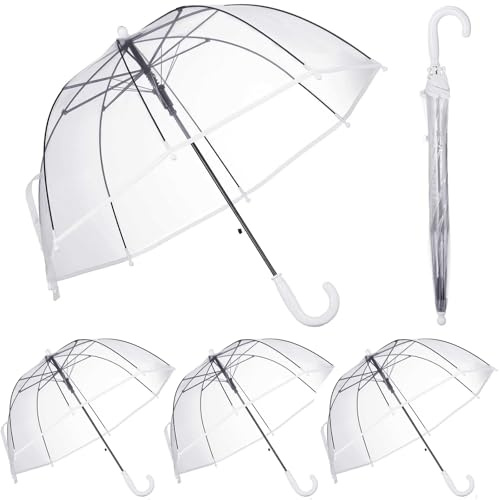Kacctyen 4 Pcs Kids Clear Windproof Bubble Umbrella Auto Open Rainproof Transparent Umbrella for Children Boys Girls Outing (White Border)