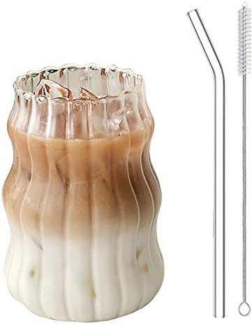 Vintage Drinking Glasses Ribbed Glassware, 530ml Ripple Glass Cups Gourd Shape Iced Coffee Cups, Wave Shape Beverage Glasses for Whiskey Cocktail Juice Beer Tea Smoothie Soda