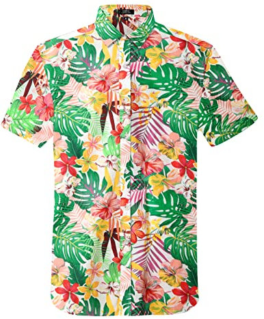 Misfuso Chemise Homme Hawaïenne à Manches Courtes en Pur Coton de Plage Chemise Funky Casual Button Down Rose Vert L