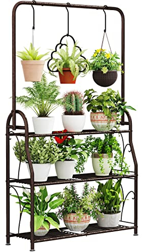 SORCEDAS Pflanzenständer für drinnen und draußen, 3 Etagen, hohes Eck-Hängeregal aus Metall, Blumenständer, Leiterhalter für Wohnzimmer, Balkon, Garten, Terrasse, mehrere Pflanzen, Bronze