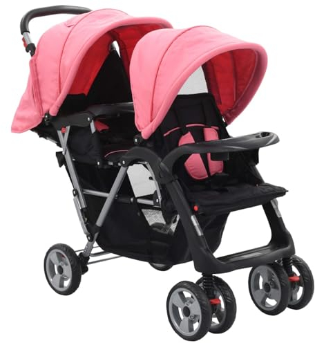 Geschwisterwagen, JUNZAI Geschwisterbabywagen, babywagen, Geschwisterwagen, babywagen Zwillinge, Doppelbabywagen, Zwillingsbuggy, Rosa und Schwarz Stahl