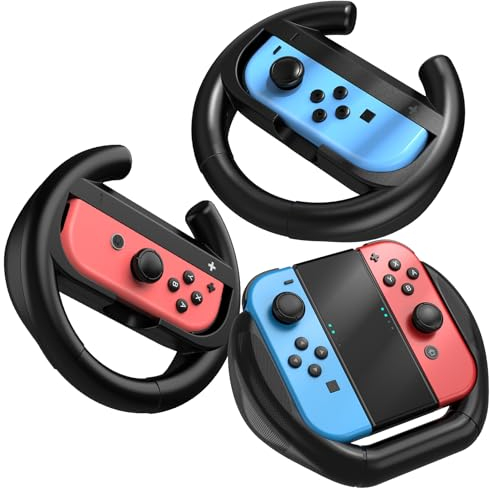 HSTOP Grip Lenkrad Kompatibel mit Nintendo Switch/Switch OLED Joy-Con Controller,3er-Pack Controller Griff Case Kit Kompatibel mit Switch/OLED,Steering Wheel Zubehör für Mario Kart 8 Deluxe,Schwarz