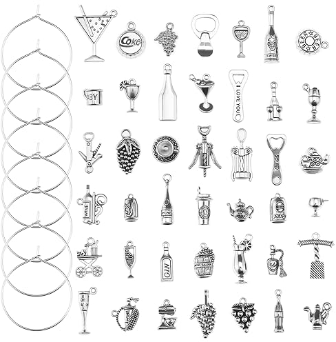 VGOL 42pcs Breloques Pendentif en Verre à Vin avec Breloques en Verre à Vin sur Le Thème de l'anneau pour Décorations de Fête de Vin Thanksgiving Noël 25mm
