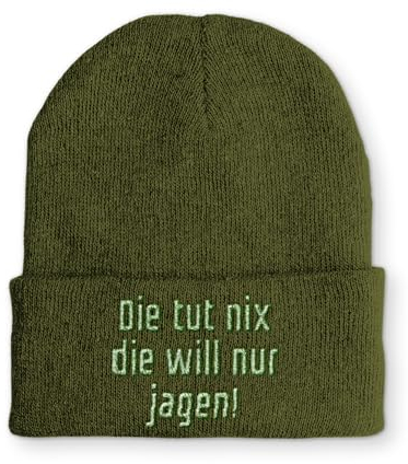 tshirtladen Beanie Mütze Die tut nix die will nur jagen! Statement Wintermütze, Farbe: Olive