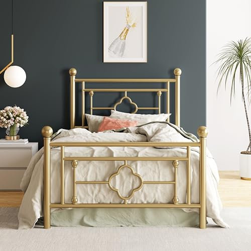 HOOMIC 14 Inch Twin Size Metal Platform Bed Frame with Vintage Victorian Style, Wrought Iron Headboard and Footboard/Mattress Foundation for Storage/No Box Spring Required/Easy Assembly/Gold