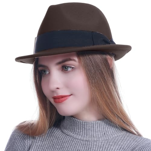 HEYANN Fedora Hut Herren Mode Filz Hüte für Herren Damen 58-60cm Wollfilz Herrenhut Jazz Cap Kurzer Krempe Trilby Hut mit Eleganter Panama Hut Damen Gentlemans (L/XL, Braun)