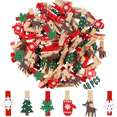 Pinzas Pequeñas de Madera Navidad 48 PCS Clips de Madera de Navidad Mini Pinzas de Madera para Fotos Regalos Decoración Mini Pinzas de Ropa de Madera para Fotos DIY Decoraciones Manualidades Navidad