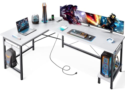 ODK Scrivania Gaming con Prese e Porte USB, Scrivania ad Angolo Gaming con Supporto per CPU, Scrivania ad L per Ufficio a Casa, Bianco, 150×120 cm