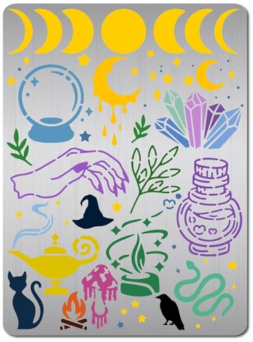 GORGECRAFT Magische Themen-Schablonen Wiederverwendbar Hexe Mondphase Sonne Stern Schlange Katze Vogel Pilz Magische Flasche Blätter Metall Edelstahl Vorlage Zum Malen Holz Wand Stoff Scrapbooking