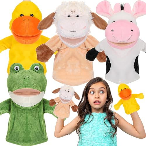 Roundfunny 4 Pcs Hand Puppets Animals 9.8 Inch, Cow, Frog, Duck, Sheep