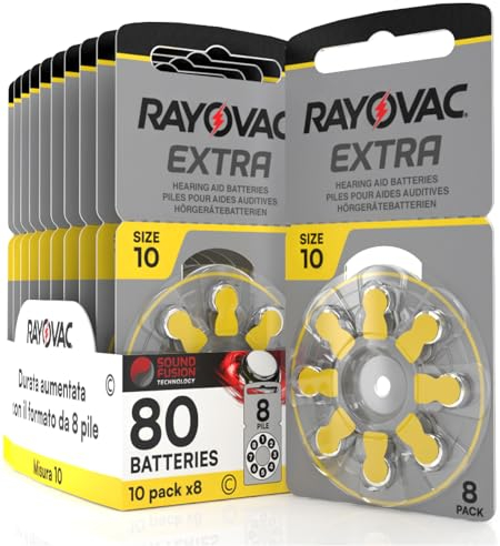 80 Batterie Per Apparecchi Acustici Rayovac Extra 10 Misura PR70 (Gialle) - 10 Blister da 8 Pile