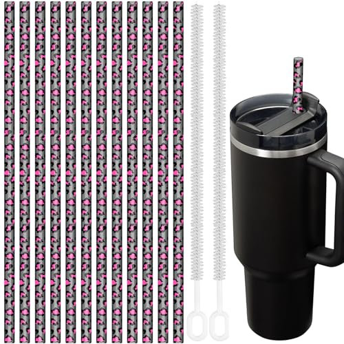 NiHome Paquete de 12 elegantes pajitas de repuesto de plástico con estampado de leopardo para vaso Stanley, 30.5 cm de largo, compatibles con vasos de 40 y 30 onzas, material PETG duradero sin BPA,