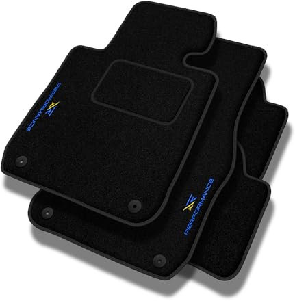 PERFORMANCE Personalisierte Velours Fußmatten Auto passend für BMW X5 E70 2006-2013 - Standard, Perforiert, blau und gelb -Präzise CNC-Stickerei, Design-Lochpaspel, Auto Fußmatten - Perfekt für Autofa