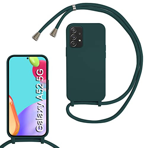 MBSLFY Silikon Handykette für Samsung Galaxy A52S/A52 5G Hülle mit Band,Silikon Necklace Handyhülle mit Abnehmbar Kordel zum Umhängen Stossfest Bumper Handy Schutzhülle für Samsung A52, Dunkel grün
