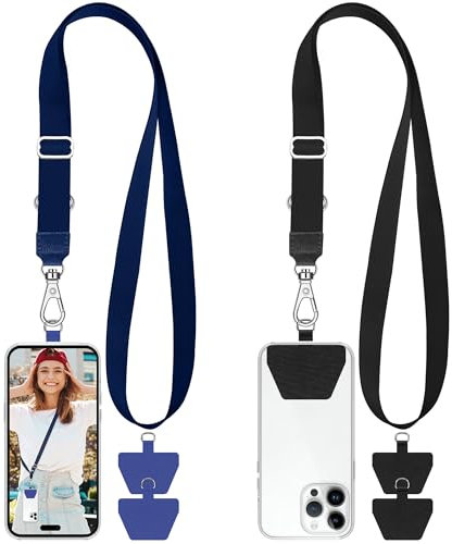 takyu 2 PCS Adjustable Phone Lanyard Neck Strap, Universal Mobile Phone Lanyard with 4 Adhesive Tethers for Smartphone Safety, Compatible for Iphone, Samsung, Huawei and Most Smartphone Black & Blue