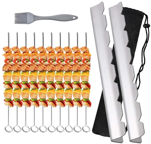 BBQ Skewer Rack Set, 2 Kebab Racks and 10 Metal Barbecue Skewers, Stainless Steel Meat Skewers with Holder, Universal Skewers Accessories for Gas Grill, Charcoal Grill, Smoker