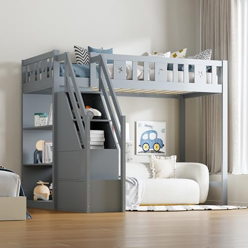 Lexiou Cama alta de 90 x 200 cm, con escalera de almacenamiento y estanterías, cama individual de madera, cama infantil, marco de madera maciza (gris)