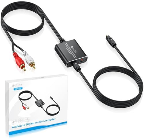 eSynic RCA a Óptico, Convertidor de Audio Analógico a Digital Carcasa de Aleación de Aluminio, Convertidor RCA a Toslink SPDIF con 1,1 m Cable Macho RCA para Tocadiscos CD DVD a Barra de Sonido