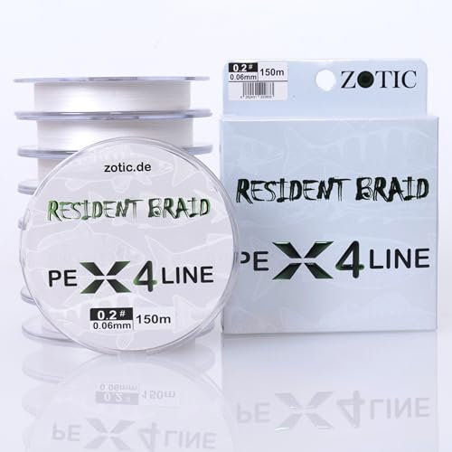 Zotic Resident Braid PE X4/X8-4-fach/8-fach geflochtene Angelschnur für Baitcaster u. Spinnrute, Profi Angelzubehör, Raubfisch, Angelsehne, 100m 150m 300m (X4 Weiss, 150m - 0.10mm - 5.1kg)