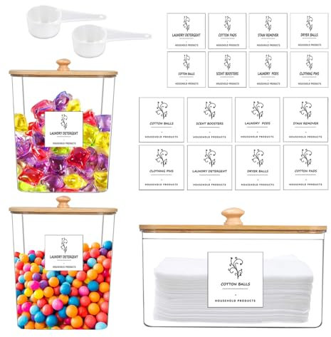 3 PCS Waschmittel Aufbewahrung mit Versiegeltem Bambusdeckel, Grosse Kapazität Waschmittelbox Wasserfestem Etikett, Waschpulver Dosierer aus Kunststoff, für Duftverstärker,Waschboxen,Badebomben