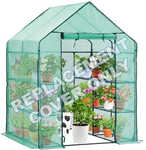 Replacement Reinforced Green PE Cover for Large Walk-In Greenhouse - Heavy Duty 130gsm with 2 Mesh Windows - Weatherproof Spare Cover for Outdoor Garden Growhouse - W143 x D143 x H195cm