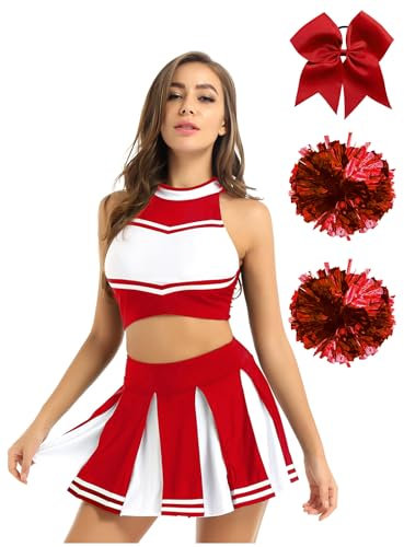 Jowowha Damen Cheer Leader Kostüm 4tlg.Crop Tops mit Rock Pompoms Haarband Cheerleading Uniform Tanzkleid Halloween Karneval Fasching Partykleid Rot M