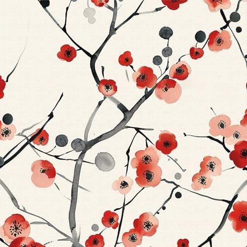 Papel Pintado Autoadhesivo Floral Rojo y Negro, 44 x 300 cm Papel Pintado Acuarela Flor de Ciruelo Negro y Naranja Ramas Vinilo Adhesivo para Muebles,Armarios,Libreria,Sala de Estar, Dormitorio,Baño