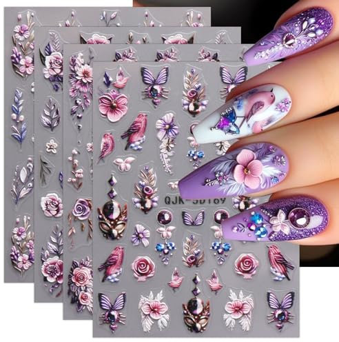 JMEOWIO 3D Embossed Flower Nail Art Stickers Decals Self-Adhesive 5D Spring Summer Floral Nail Supplies Nail Art Design Decoration Accessories 4 Sheets